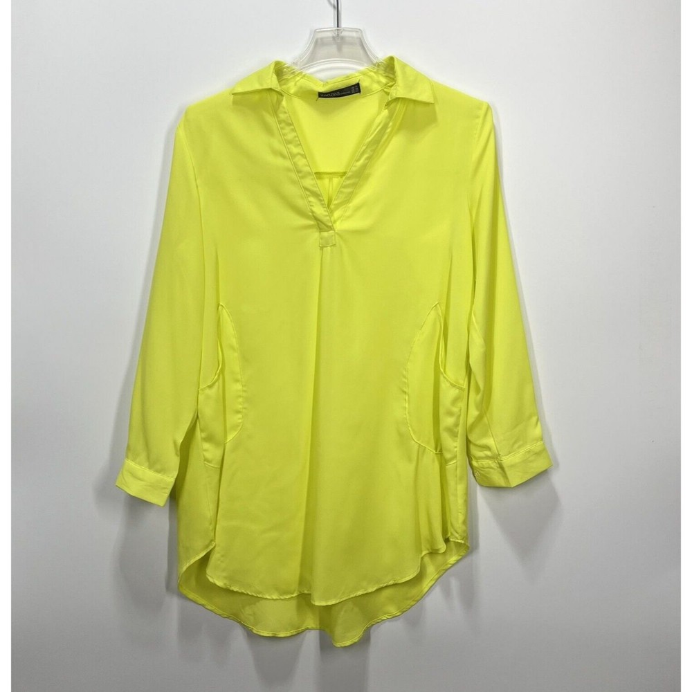 ZANZEA Women Semi Sheer Tunic Size 12 Yellow V-Neck 3/4 sleeve Pockets Beach Top
